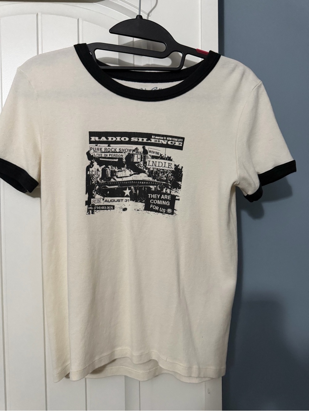 Brandy Melville Cream Ringer Tee with Black Graphic and Trim